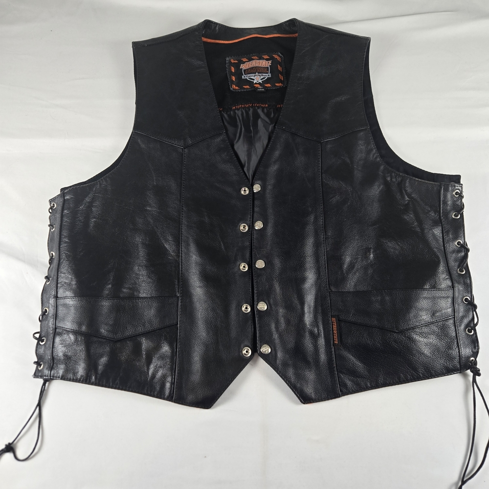 Interstate Leather Black Motorcycle Biker Vest Mens 3XL‎ Lace Side Snap Front